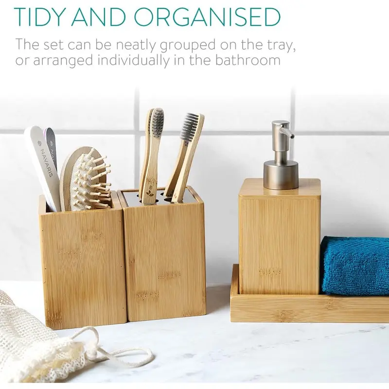Bamboo Bathroom Accessories Set - 4-Piece Bath Set with Toothbrush Holder, Soap Dispenser, Storage Container, Organiser Tray - Natural Wood 2