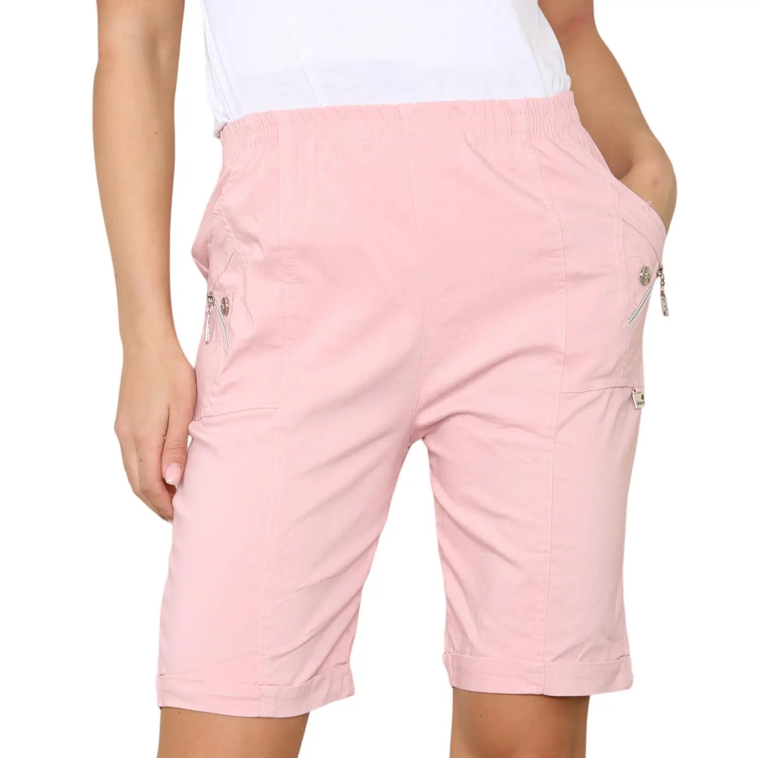 Womens Cherry Berry Shorts - Ladies Plain Capri Length Stretch Fit Pull On Elasticated Waist Summer Crop hot Pants Short Pants Plus Size UK 10-20 Casual Basic Womenswear Bottom