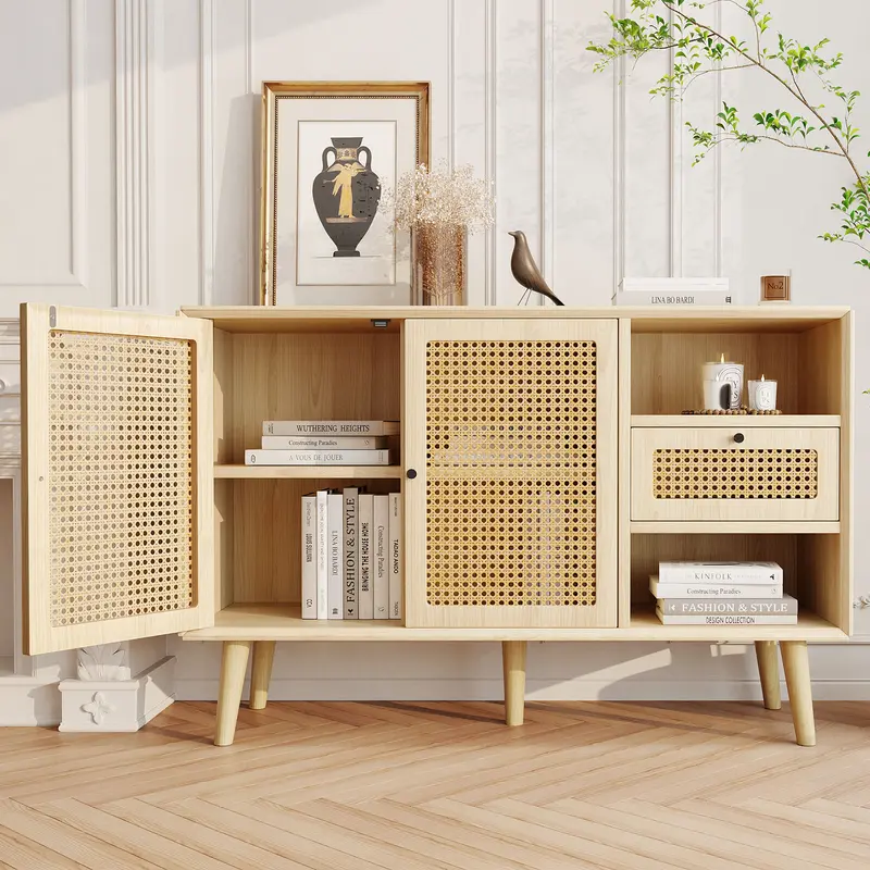 Modern simple sideboard 120*40*80cm, light-colored wooden woven door design, with drawers and unique legs, creating a warm and comfortable home atmosphere 1