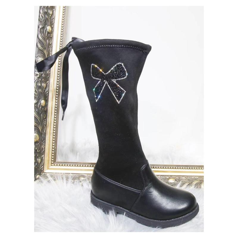 Kids Black knee length sock boots with diamante bow 1