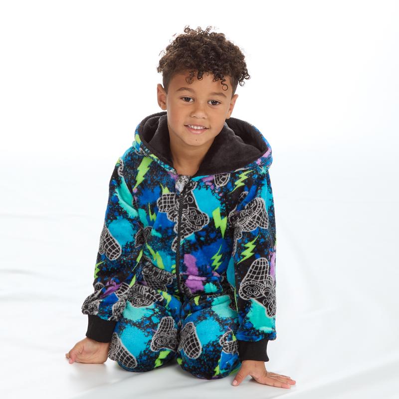 Kids Boys Gaming Onesie Gamer All in One Jumpsuit Plush Fleece Childs Boy Hooded Game Themed One Piece Pyjamas Cuffed Long SleeveWarm Cosy Zip Up Navy All Over Printed 3 4 5 6 Years 6