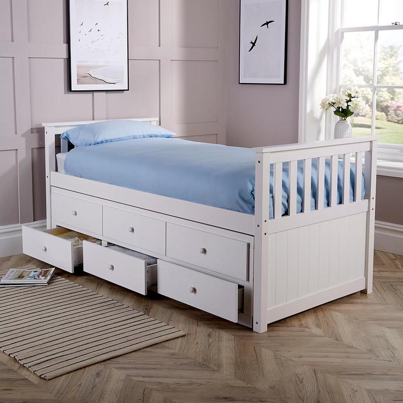 Big Furniture Warehouse White Solid Pine Cabin Bed 3ft Single Pull Out Guest Bed With 3 Storage Drawers 1