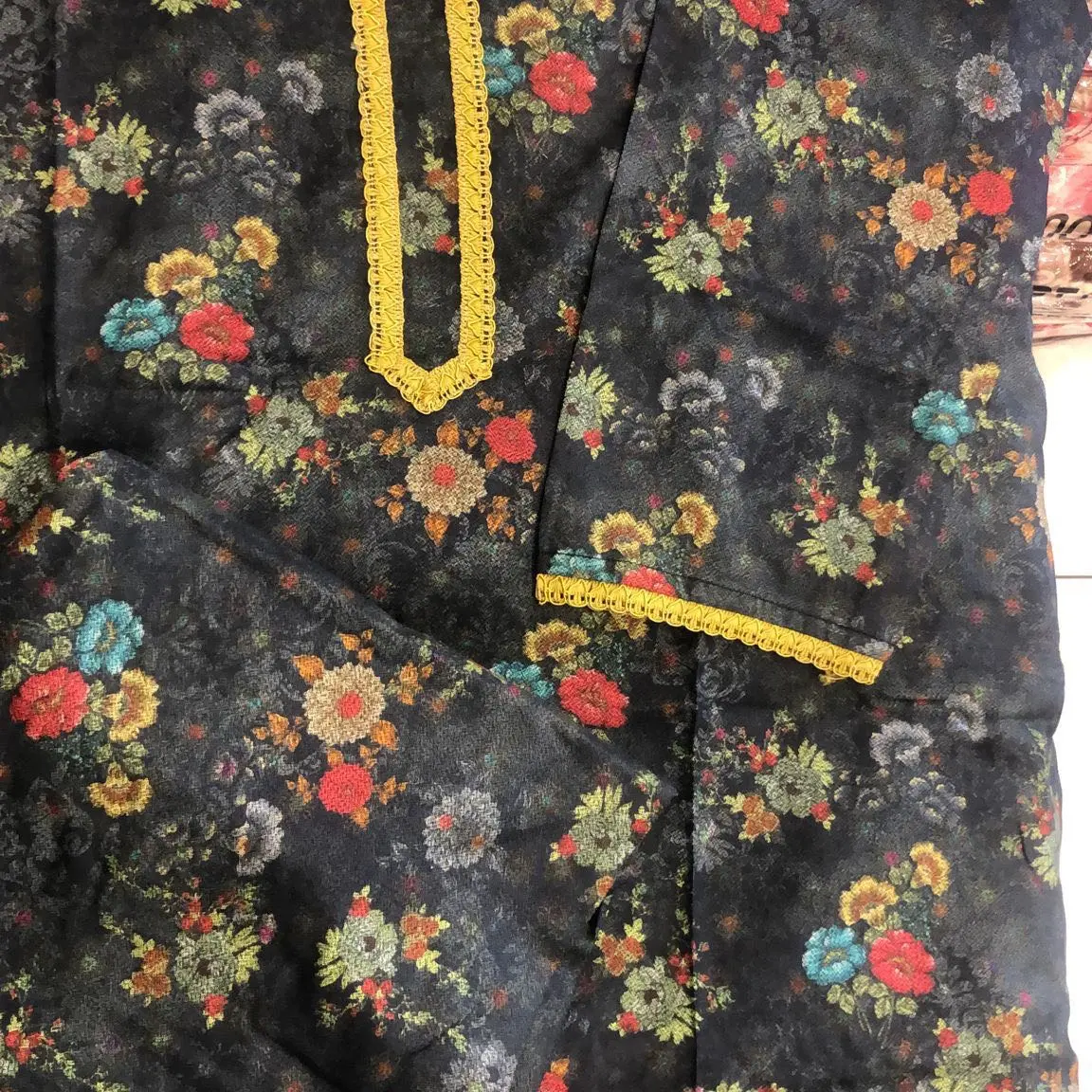 Dhanak fabric, ready-made 2 piece, salwar and kameez, black, floral, winter collection, casual, cotton, Clothing, Dress, Traditional, womens