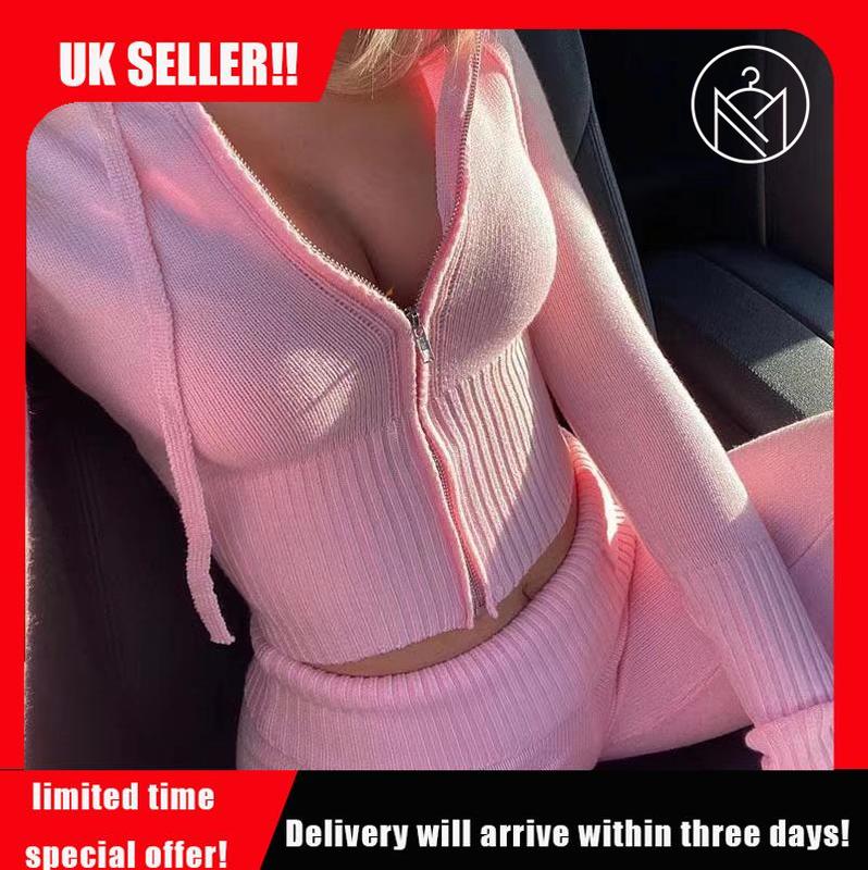 [mistboy] UK 2025 new knitted hooded women's fashion high-waisted two-piece set Womenswear Overalls Suits Underwear Comfort Long Sleeve Lady Basic Minimalist Short Longsleeves Clothes Gamis 2