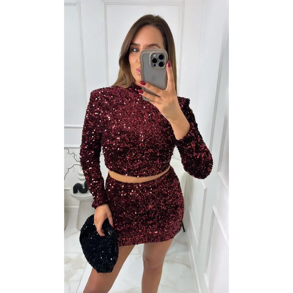 MERCY burgundy sequin high neck top