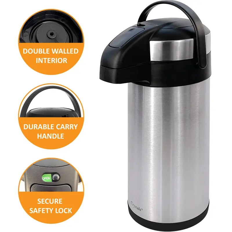2X 5L Air Pot Tea Flask Pump Action Vacuum Insulated Safety Lock Carry Handle Drinkware Stainless 5