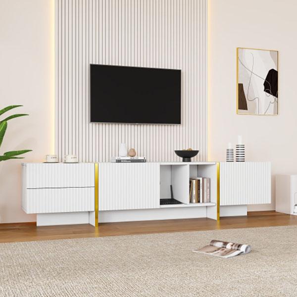 TV Stand for 85inch TV, Entertainment Center with Storage Cabinet and Open Shelves, Embossed Pattern TV Stand, TV Cabinet and Media Console for Living Room, Bedroom, White 1