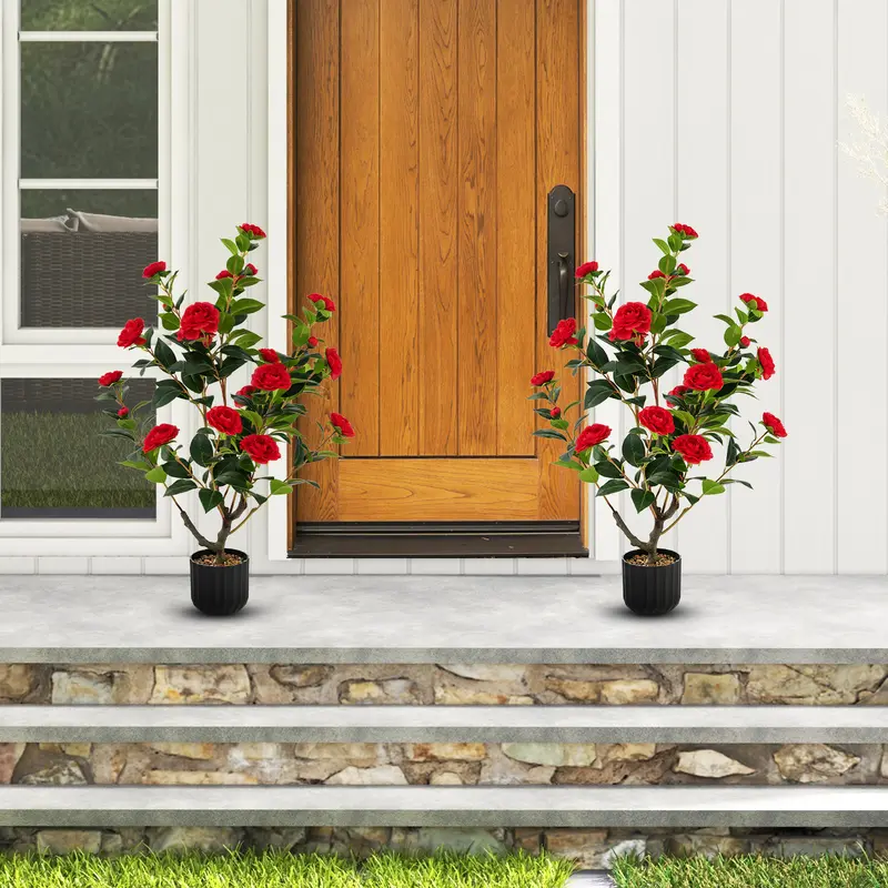 COSTWAY 1/2 Pieces 95cm Artificial Camellia Tree with Flowers and Rain-Flower Pebbles 2