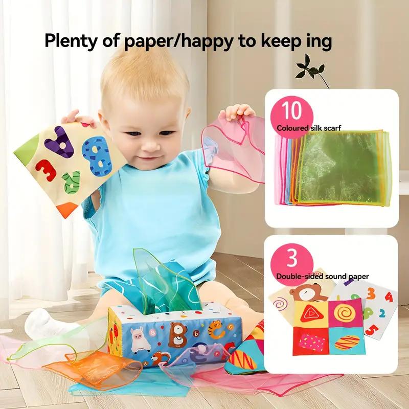 Tissue Box Sensory Toy, Crinkle Tissue Box Baby, Sensory Toys for Babies, Montessori Toys for Boys and Girls, Soft Crinkle Toys for Infant Toddlers, Stocking Stuffers, rotation new born cuddle baby tissue 1 year early educational toy development 4
