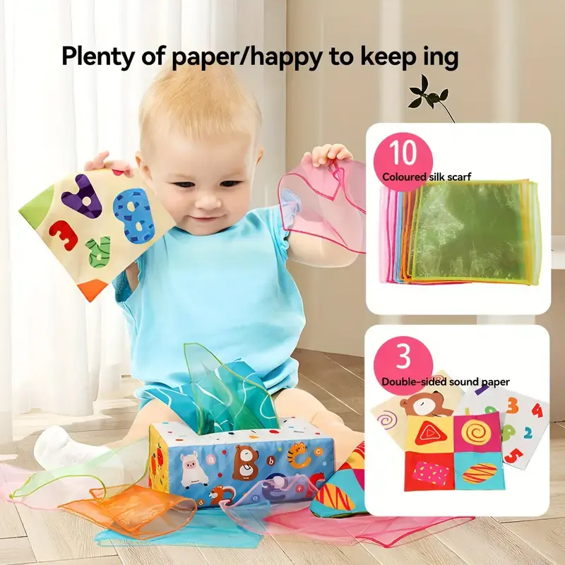 Tissue Box Sensory Toy, Crinkle Tissue Box Baby, Sensory Toys for Babies, Montessori Toys for Boys and Girls, Soft Crinkle Toys for Infant Toddlers, Stocking Stuffers, rotation new born cuddle baby tissue 1 year early educational toy development 3