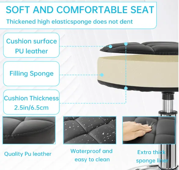 Round Rolling Stool Chair, PU Leather Height Adjustable Salon Stool with Wheels, 360° Swivel Stool Chair for Office Shop Salon Tattoo Massage Spa Work cross legged criss cross critical role chair 3