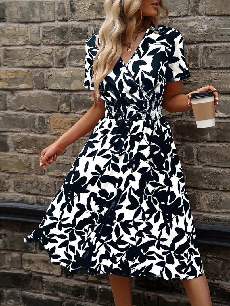 Product Introduction of Floral Wrap Neck Dress, Elegant Short Sleeve Dress For Spring & Summer, Women's Clothing 5