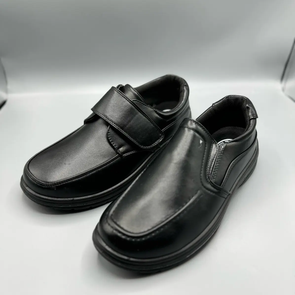 Mens Flat Wide Fit Black Soft Cushioned Slip On Strap Lightweight Walking Formal Casual Shoe