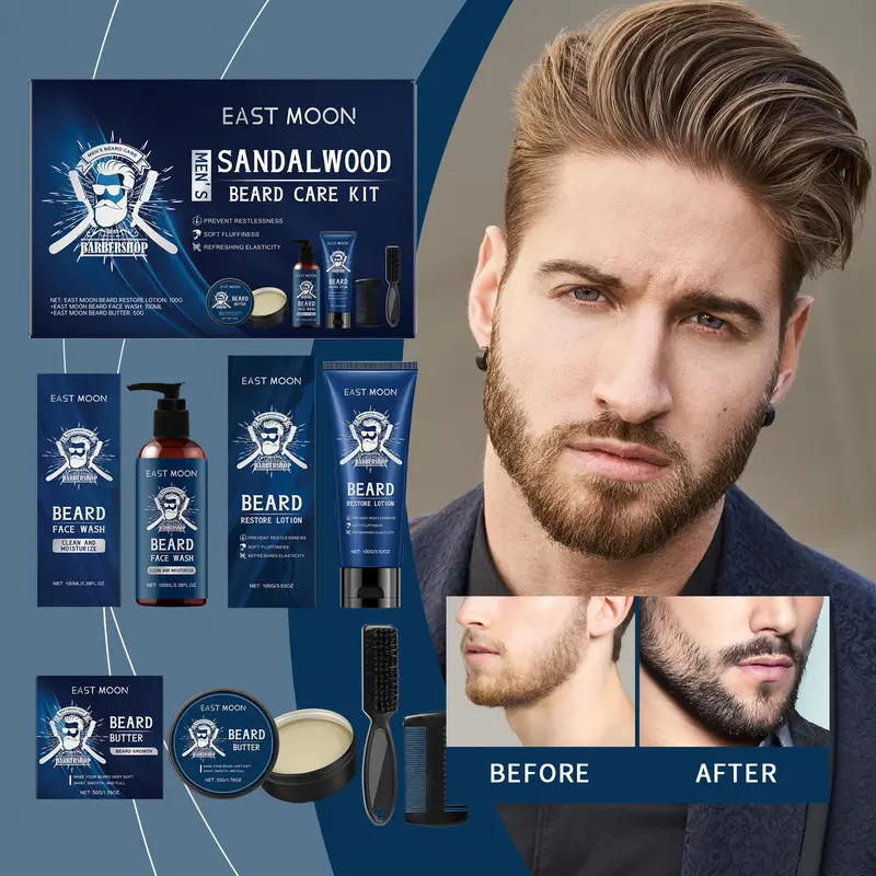 East Moon Men's Sandalwood Beard Care Set Nourishing and Repairing Frizzy Beard Shaping Set 1