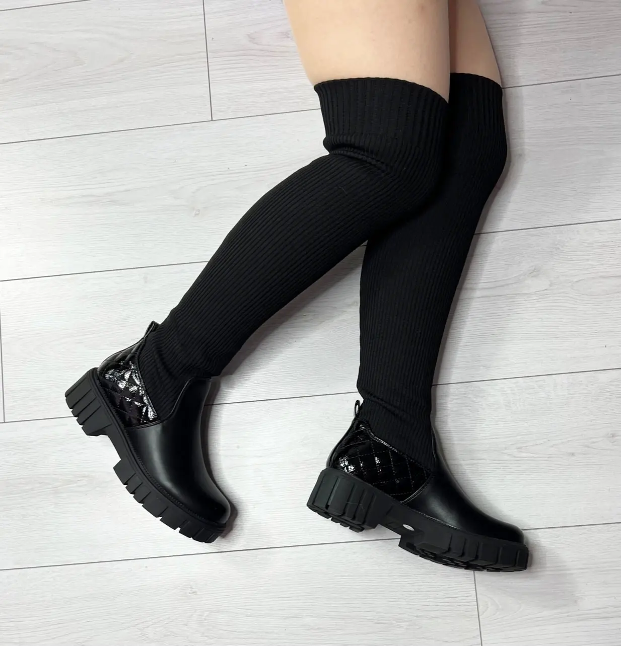WOMENS LADIES STRETCH KNIT SOCK FLATFORM BOOTS OVER KNEE HIGH THIGH BLOCK HEEL WINTER SHOES SIZE