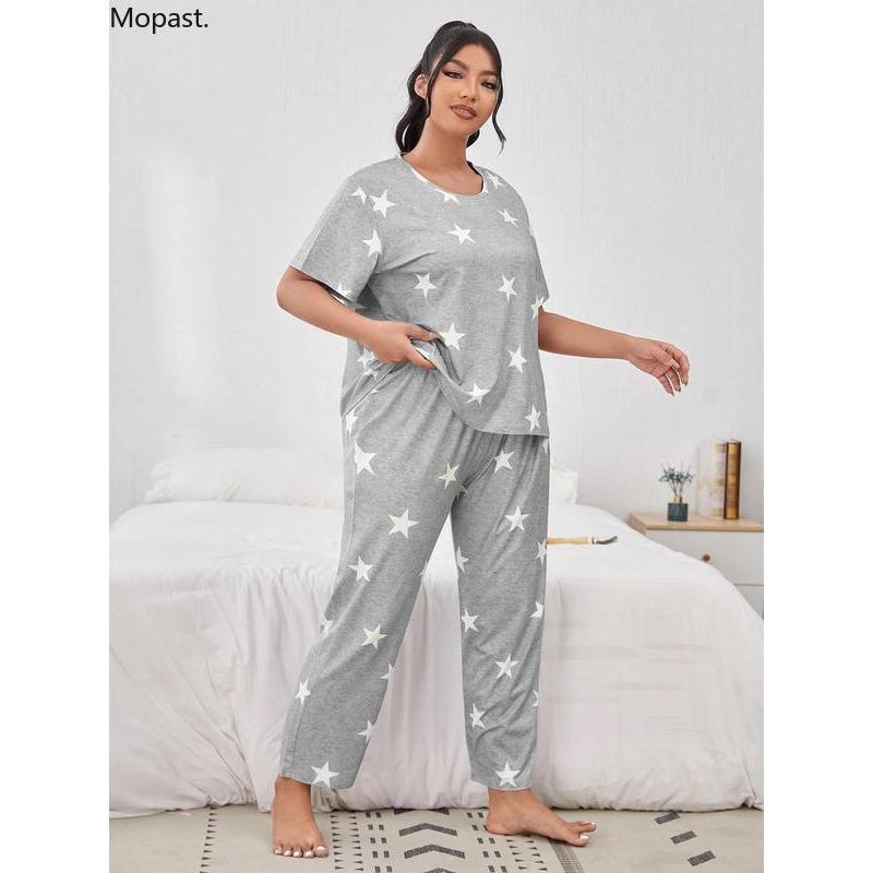 Plus Size Star Print Tee & Elastic Waist Pants Pyjama Set, Casual Comfy Round Neck Short Sleeve T-shirt & Trousers Pj Set, Women's Sleepwear for All Seasons, Wear To Hide Tummy Uk Autumn Wear 2024 Valentine's Day, gift Loungewear Pajamas 8