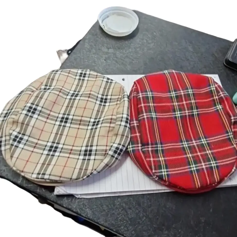 Boys Chequered Caps in Beige and Red for Kids Fashion Accessories