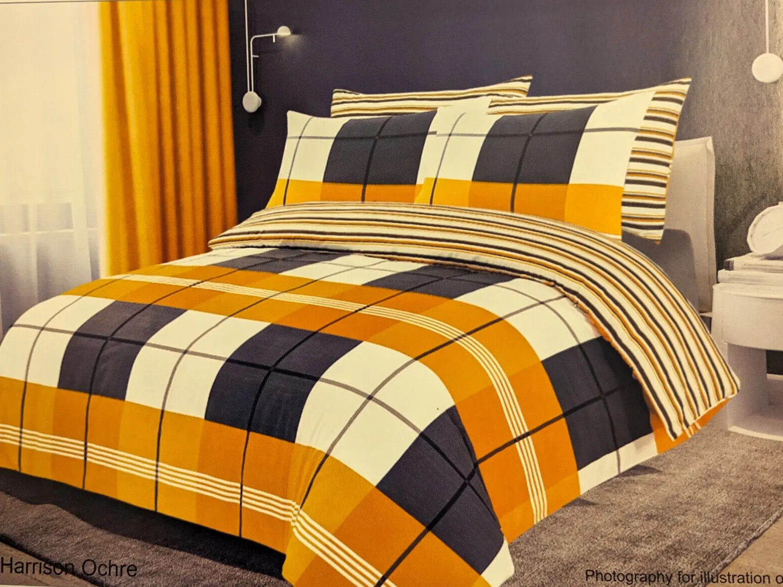 OCHRE YELLOW HARRISON CHECK REVERSIBLE STRIPE DUVET COVER SET IN DOUBLE OR KING SIZE