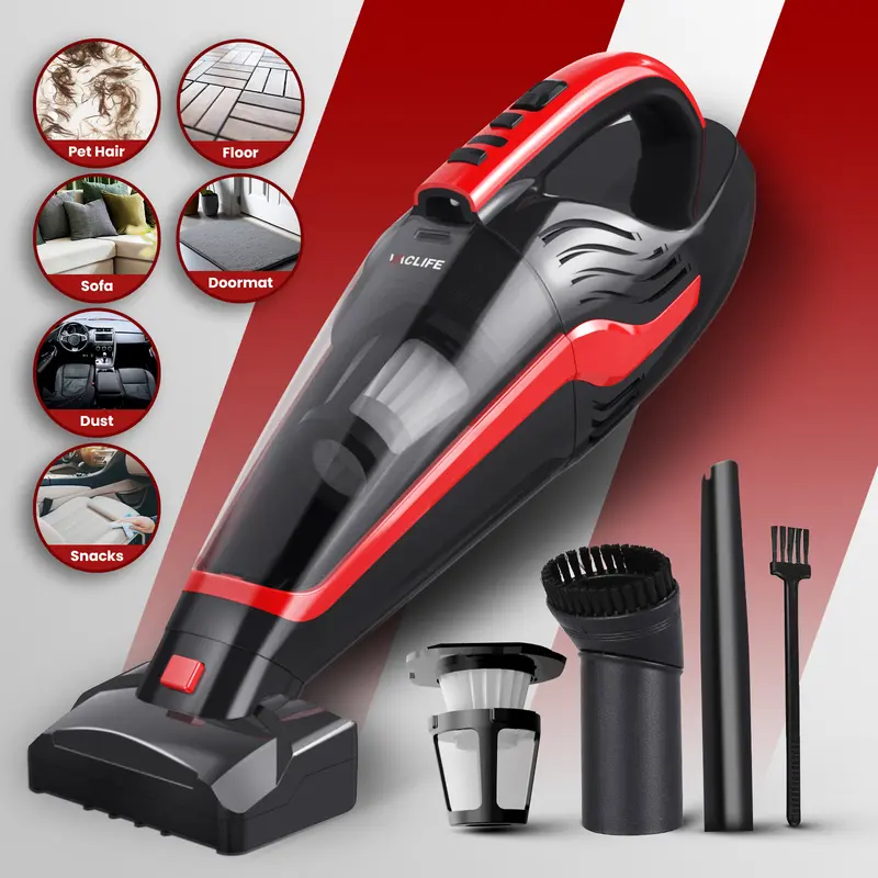VacLife Handheld Vacuum Cleaner for Indoor use, Cars & Pet Hairs - Handheld Cordless Rechargeable Vacuum Cleaner,  Reusable Filter & LED Light, Powerful Vacuum Cleaner with Motorized Brush, Color Red handheld hoover 1