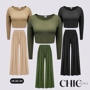 Chichero Ribbed Comfort Long Sleeves Crop Tee with wide leg pants Comfortable Outfit Womenswear Overalls Suits Trouser Wideleg Basic Casual Minimalist