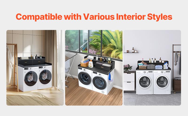 Product Introduction of VEVOR 2 Drawers Washer Dryer Countertop with 2-Tier Shelf, 54" x 27" Wooden Washer and Dryer Countertop with Non-Slip Pads, Water-Resistant Laundry Topper for Laundry Room Organization, Black 8