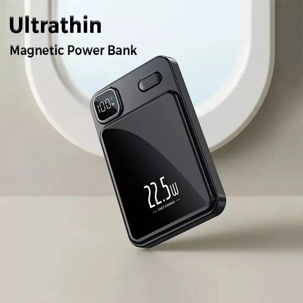 Magnetic WirelessPower Bank  Charger 10000 mAh Real Capacity Magnetic Power Bank, Fast Charging Mobile Power Bank With Display for IPhone 12/13/14/15 And Samung & Universal wireless travel cable Compact Port Smartphone Black Chargeable cheap portable
