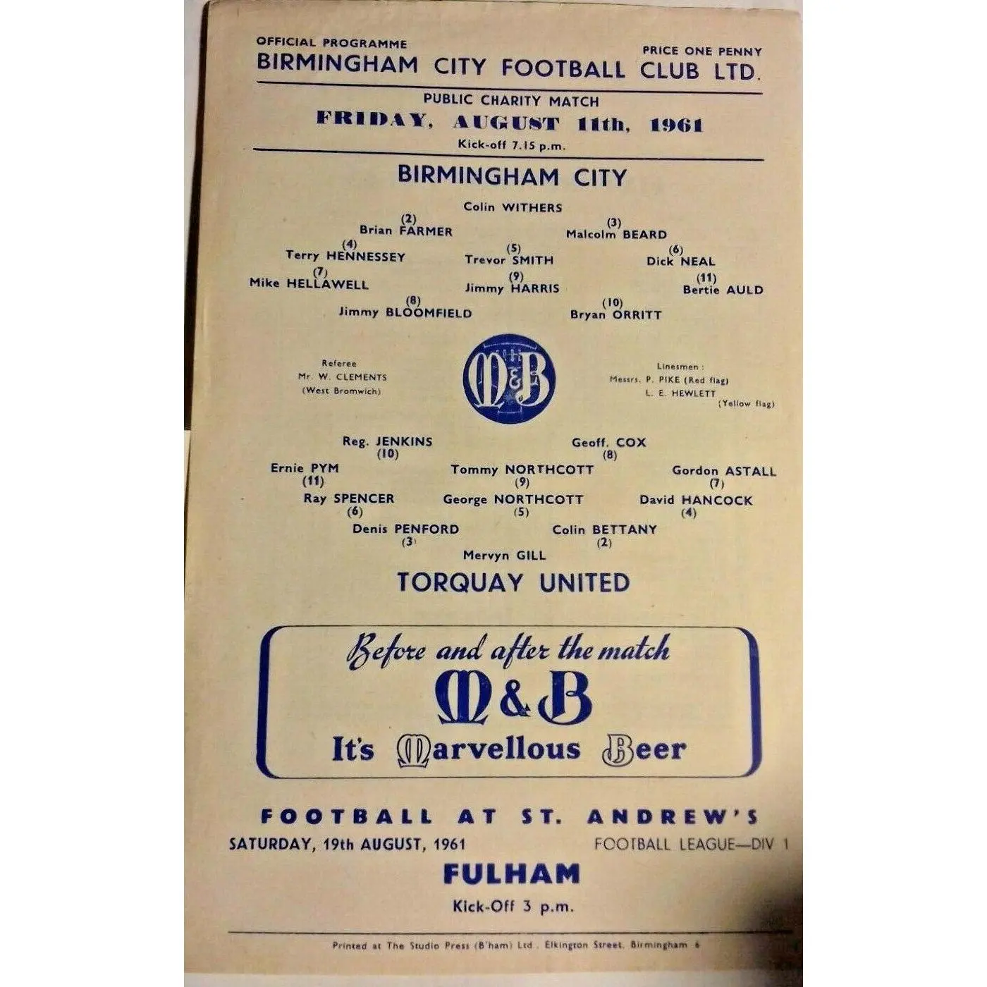 Birmingham City v Torquay Utd Public Charity Match 11th August 1961 St. Andrews.
