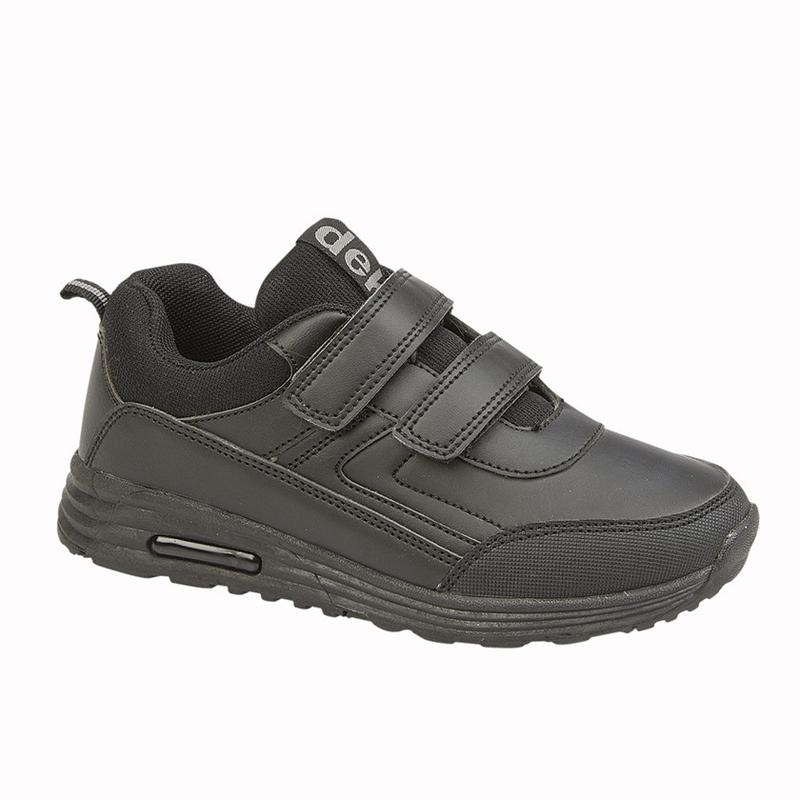DEK Kids Casual Strap Up School Air Trainers Black White- Boys Girls Touch Fasten Sport Trainers with Rugged Sole PE Shoes 5