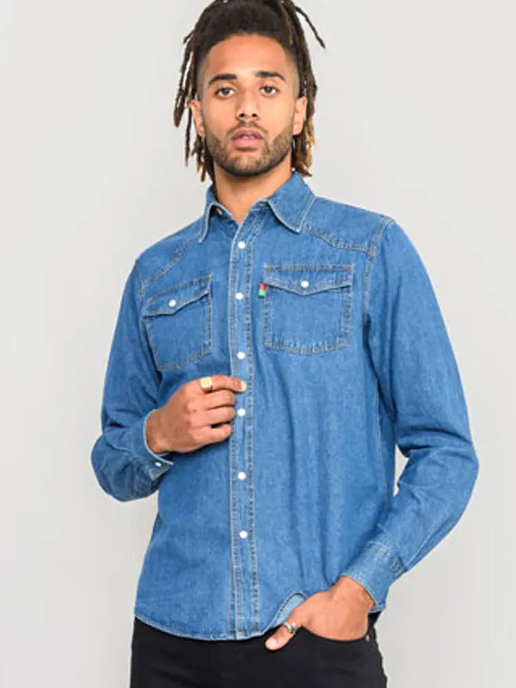 Duke Mens Denim Shirt, Blue Stonewash, Western Style. Sizes S-8XL