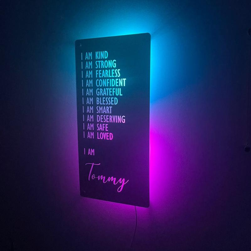 Custom Affirmations LED Name Mirror | Personalised Light Up Mirror Sign | Light Up Wall Sign | I AM Mirror | Multiple Colour Options | Remote Included 5