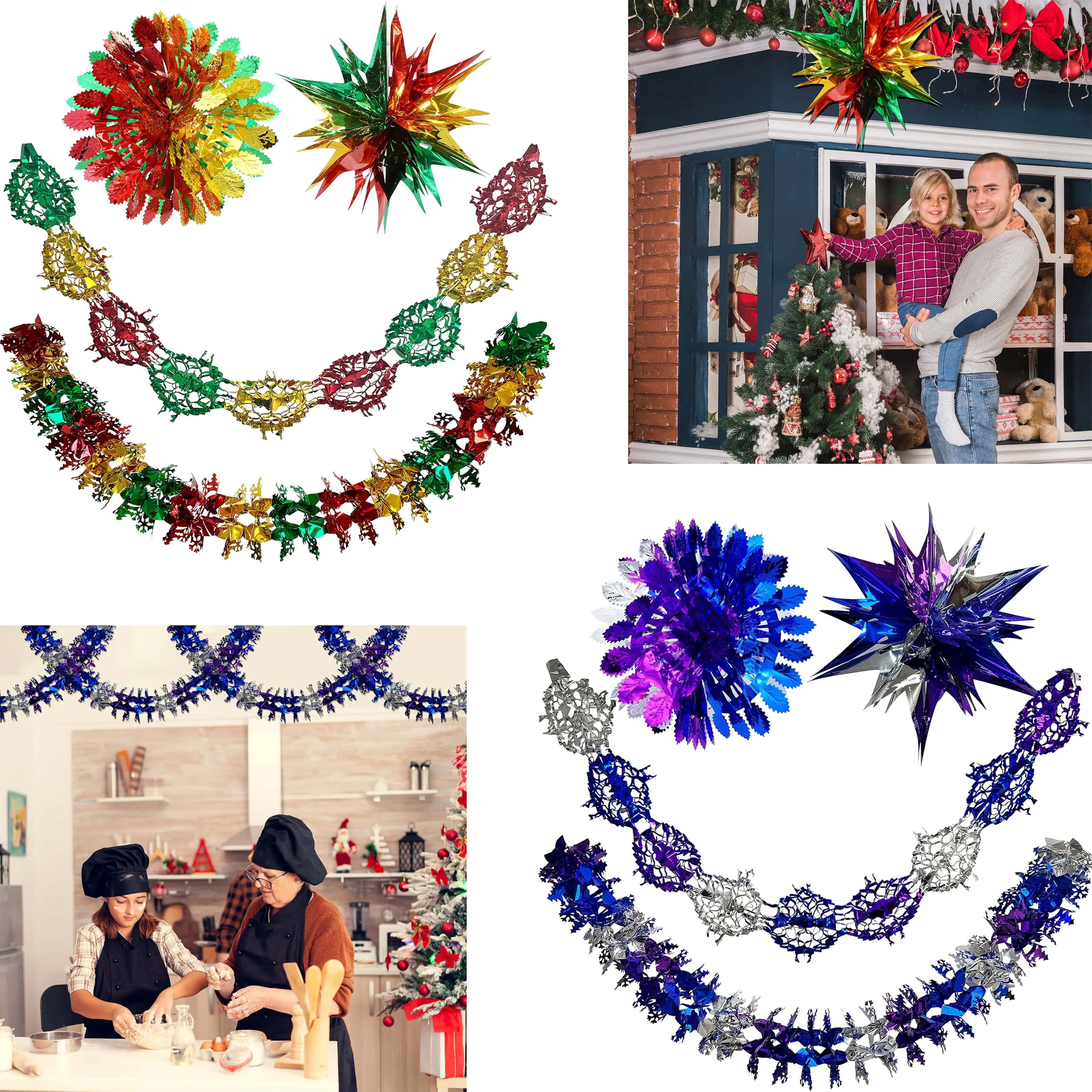 4PCs Christmas Ceiling Decorations, Foil Christmas Garland Decorations, Festive Wall Hanging Tinsel Decorations Indoor, New Year Xmas Decorations Colorful Light Star Metallic