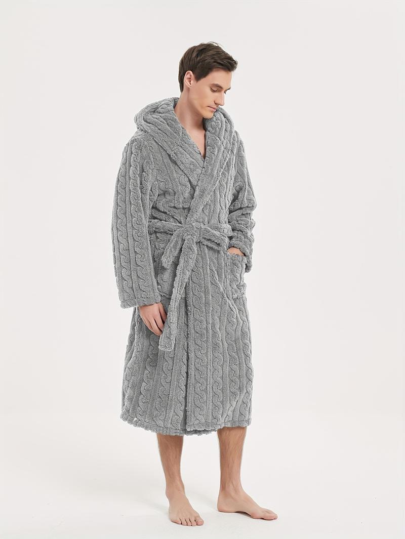 Product Introduction of Men's Comfy Solid Fleece Robe Home Hooded Pajamas Wear With Pocket & Hair Dry Hat, One-piece Lace Up Kimono Night-robe Warm Sets After Bath 18