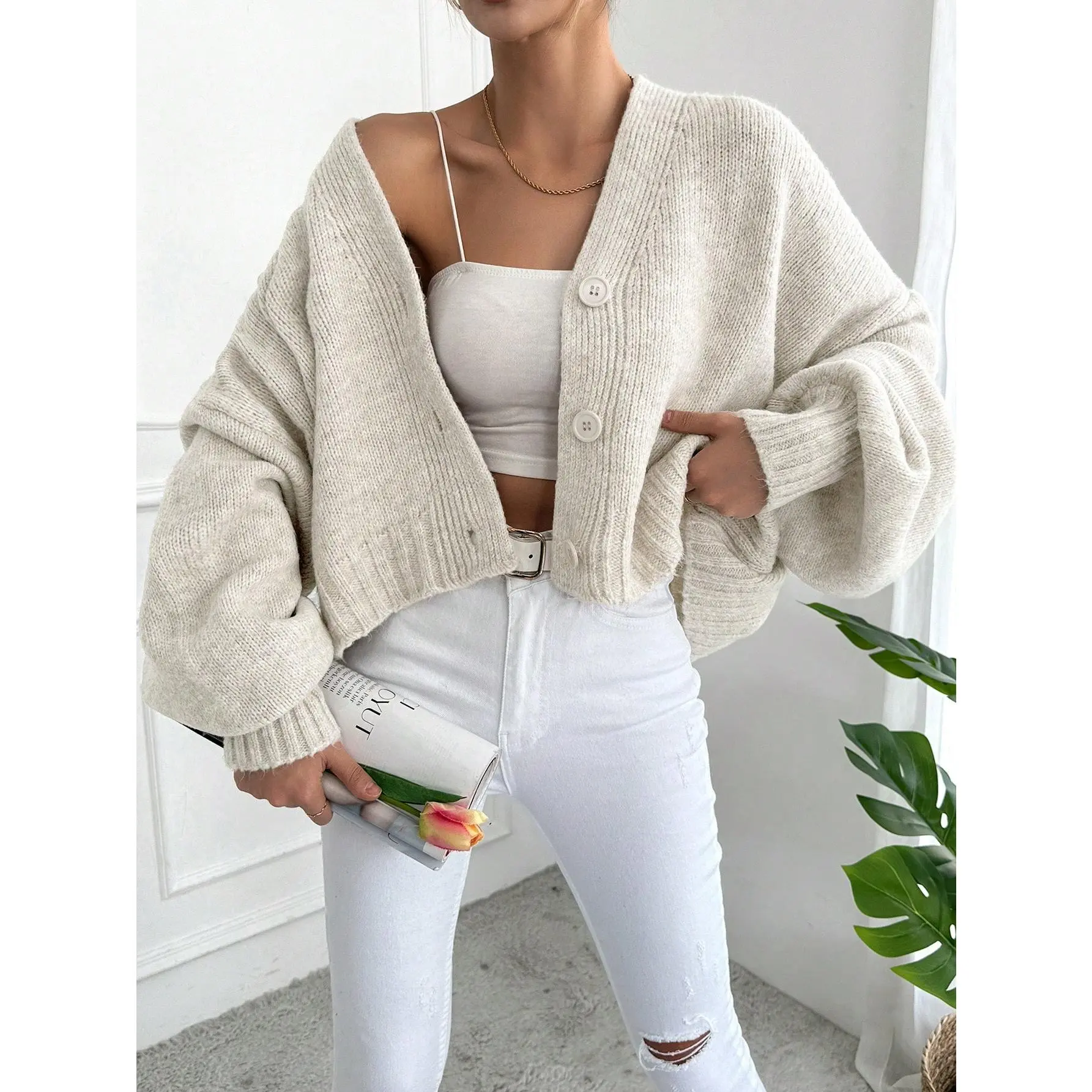​Women's TopsSolid Color Button Up Cardigan[S20] Long Sleeve Fabric Fit Knitwear Womenswear Tops Comfort Knitting Basic Minimalist casual outfits women white