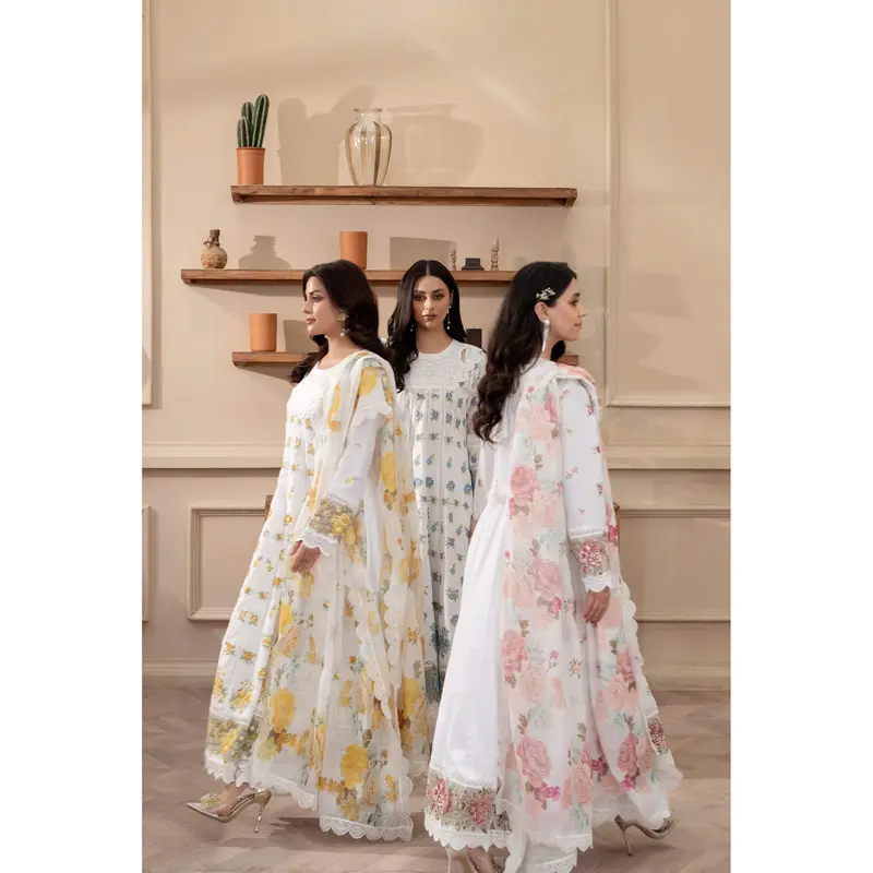 KC-1436 Embroidered Cambric Cotton long Frock Dress Ready to Wear 3 Pc - Karma Collection 3