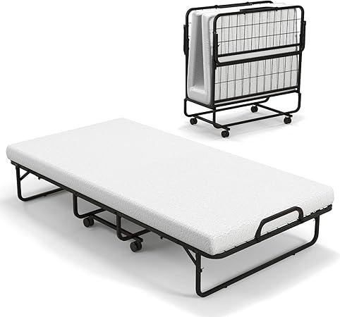 Product Introduction of foldable bed with 10cm Memory Foam Mattress, Portable Foldable Rollaway Guest Bed on Wheels, Metal Frame Compact Single Fold up Bed Office Camp Sleeper for Adults and Kids foldable bed stylish beds cloud bed home furniture darwin liverking  bed 6