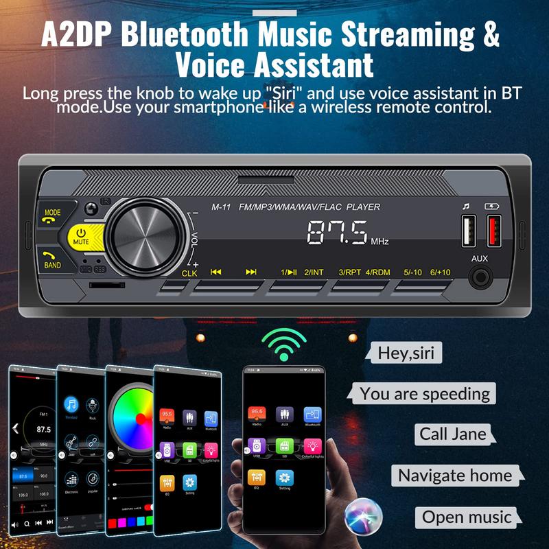 Product Introduction of Single Din Car Stereo Bluetooth 5.0 Multimedia Audio Receiver, Push to Talk Assistant, Hands-Free Call Voice Control,MP3/FM/AUX in/USB/TF Input APP Remote LCD Digital Display Remote Control 2