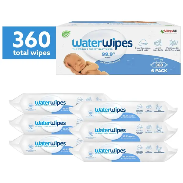 WaterWipes Plastic-Free Original Baby Wipes, 360 Count (6 packs), 99.9% Water Based Wipes, Unscented for Sensitive Skin, Easter Day Gift, Spring Vibes