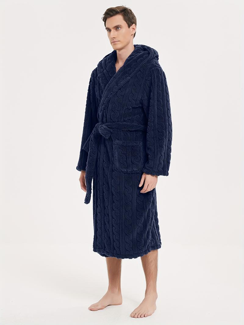 Product Introduction of Men's Comfy Solid Fleece Robe Home Hooded Pajamas Wear With Pocket & Hair Dry Hat, One-piece Lace Up Kimono Night-robe Warm Sets After Bath 9