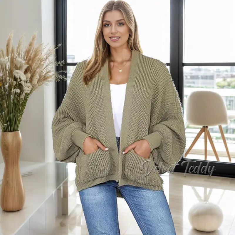 Elegance Long Balloon Sleeve Cardigan Pocket Knitted Open Cropped Cardigan Ladies Oversized Cardigan Plus Size 6