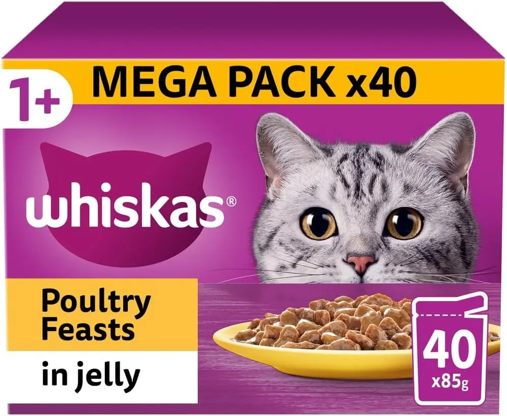 Whiskas 1+ Adult Poultry Selection in Jelly 40 Pouches, Adult Wet Cat Food, Megapack (40 x 85 g)