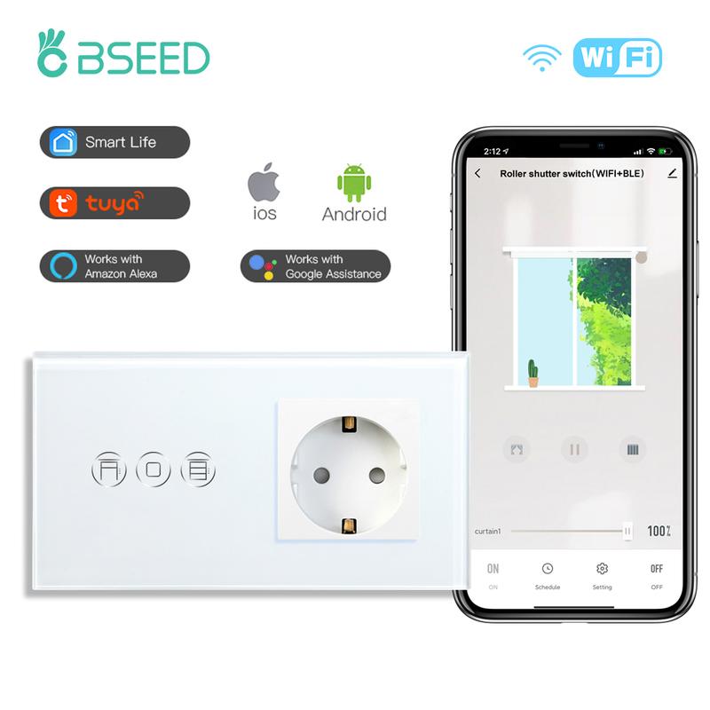 BSEED Wifi Shutter Switches APP Control Led Smart Blind Series White Glass Panel Support Tuya Google Smart Life Roller Shutter 8