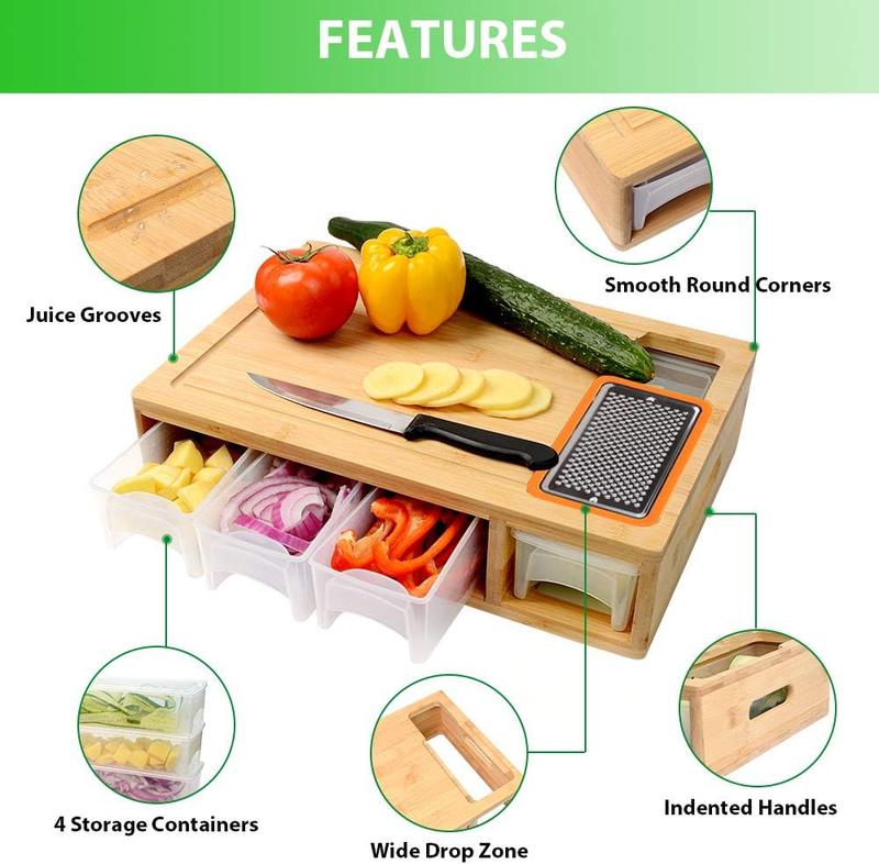 Bamboo Cutting Board with 4 Containers, Large Chopping Board with Juice Grooves, Easy-Grip Handles & Food Sliding Opening, Carving Board with Trays for Food Storage, Transport, and Clean-Up Kitchen 3