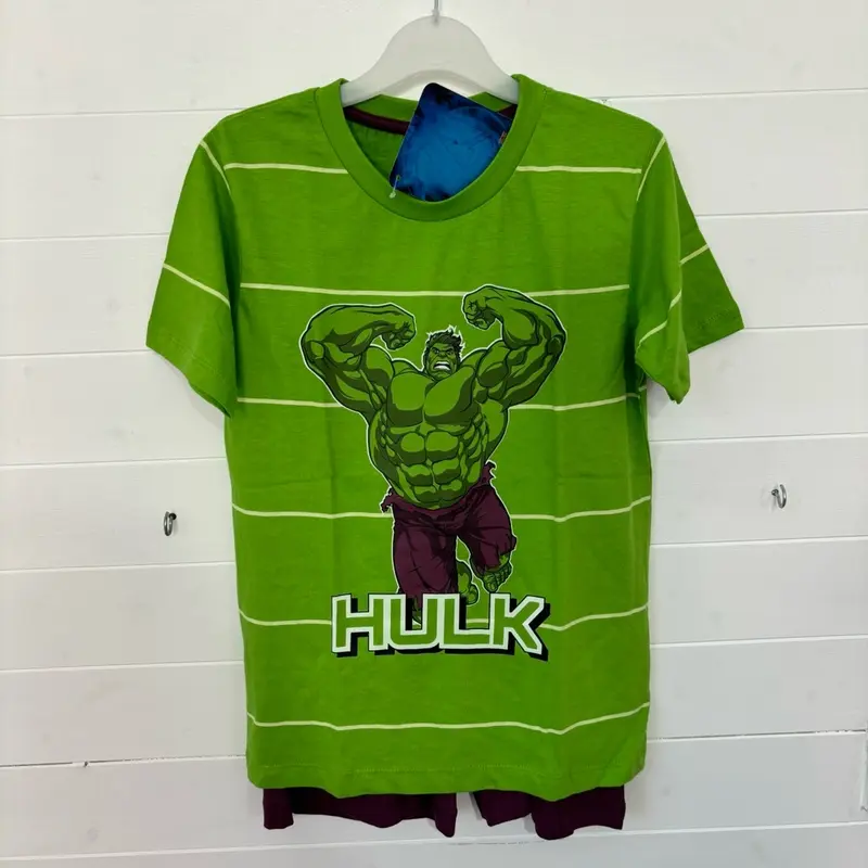 9-10 Years Marvel Hulk Boys Pyjamas Pjs Nightwear Sleepwear Pajamas Two Piece Set Kids Childrens Superhero Character Green Short Sleeve Top Shorts Avengers 1