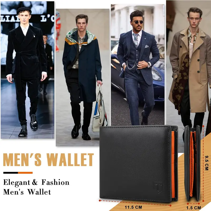 Wallets Slim Genuine Leather RFID Blocking Wallet with 11 Card Holder, 2 banknote compartments, Coin Pocket, Minimalist Wallets for Men UK with Gift Box - Black and Orange 4