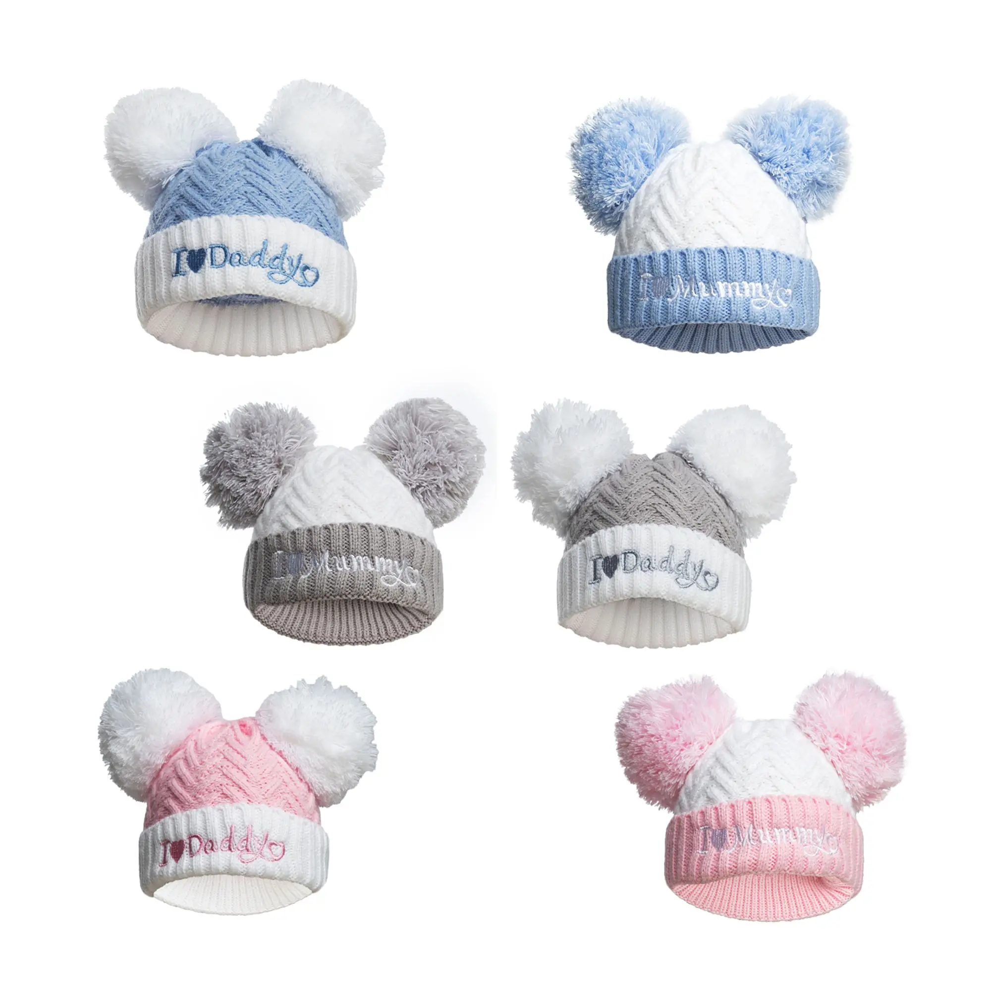 Baby Hat Baby Boys Girls Hat I love Mummy / I love Daddy Newborn Baby Cap Warm Soft Stylish Knitted Double Pom Pom Hats 0-12 Months Ri682