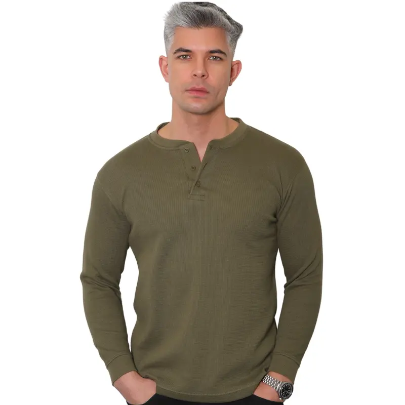 Mens Long Sleeve Henley Shirt Granded Neck Waffle Knit T-shirt Breathable and Comfortable Casual Top M - 3XL Plain Knitwear Jumper represent clothing Menswear Round Neck Grandpa Crewneck Knife Gamis Beige Biker Blue 7