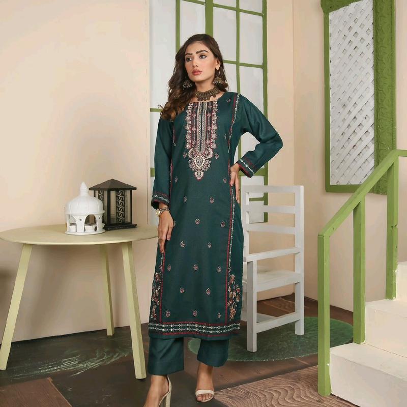 Beautiful Soft Denim 2 Piece Embroidered Casual Outfit For Spring Comfortable Kurta & Trouser Elegance Set Chiffon Dress 1