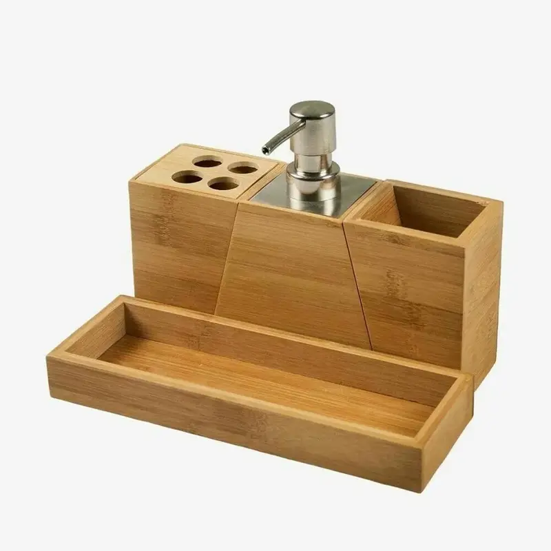 Bamboo Bathroom Accessories Set - Tumbler, Soap Dispenser, Brush Holder, and Bath 4