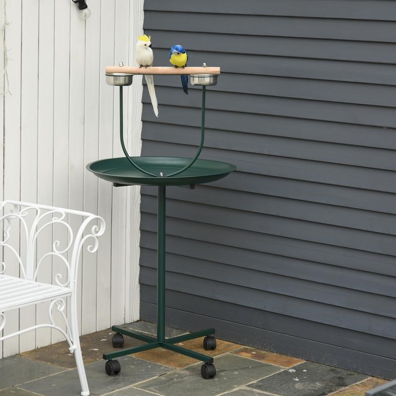 PawHut Bird Perch Stand, T-Stand Bird Training with Perch, Four Wheels, Feeding Bowls, Parrot Stand for Small & Medium Birds, Green 0