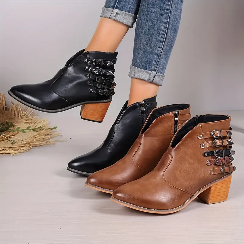 Women's PU Ankle Boots - 5 Buckle Straps, Round Toe, Block Heel, Soft Flannel Lining, Rubber Sole, Zipper Closure 1